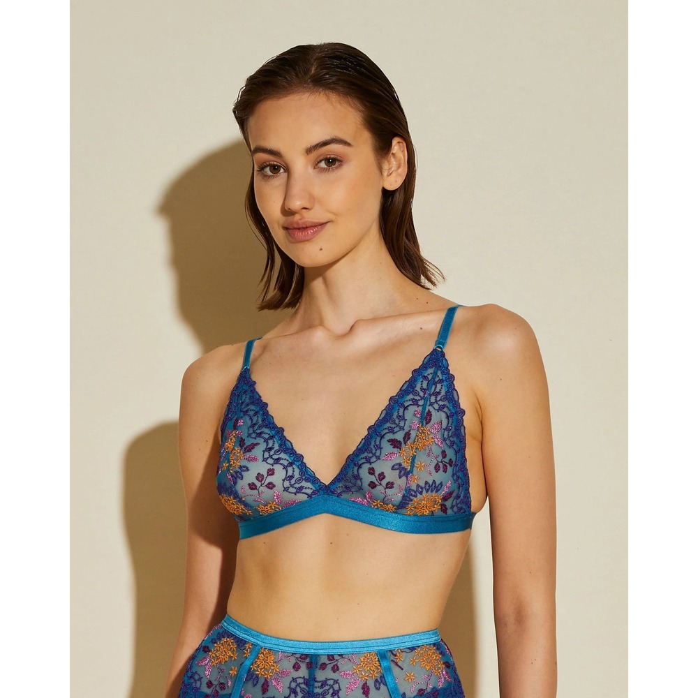Cosabella Teal Purple Floral Embroidered‎ Mesh Lingerie Set Bra Panty 2pc New M